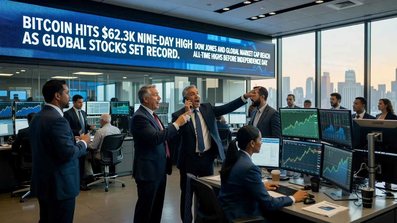 Wykres ceny Bitcoina rosnącego do 62 300 USD obok indeksu Dow Jones na tle wskaźników ekonomicznych