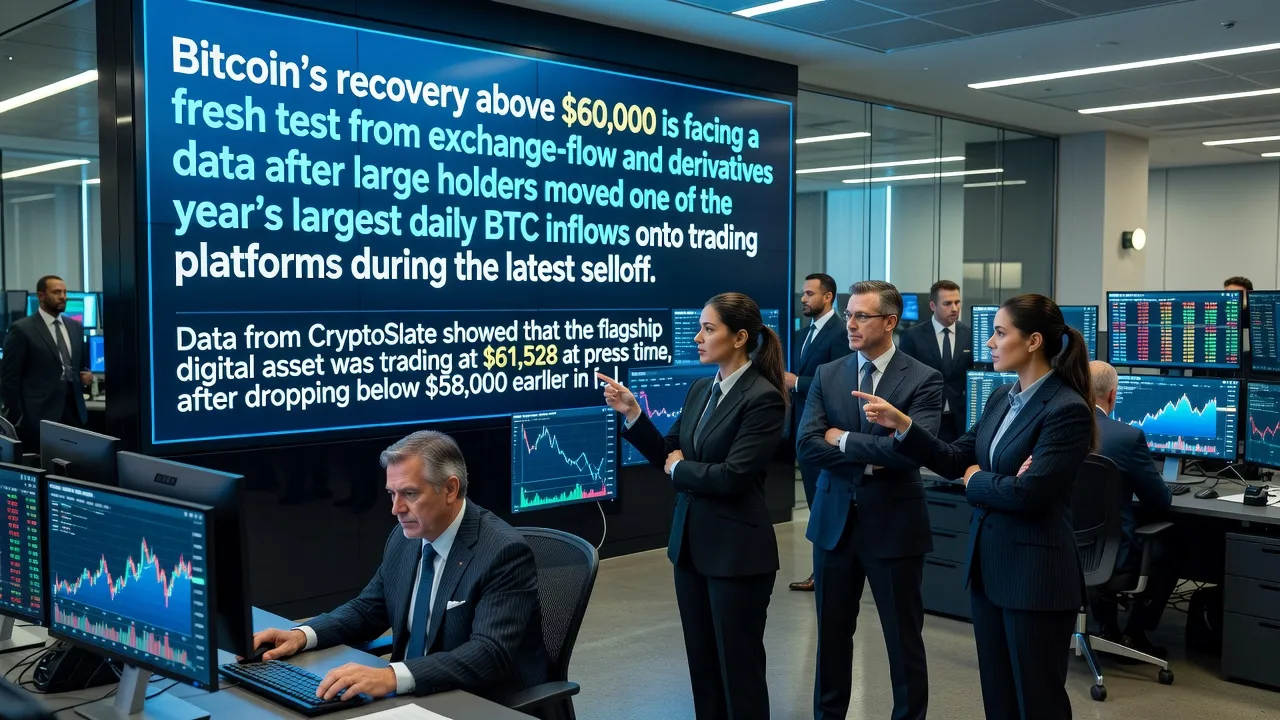 Wykres ceny Bitcoina powyżej 60 000 USD z zaznaczonymi przepływami monet na giełdy kryptowalut w tonacji niebieskiej i złotej