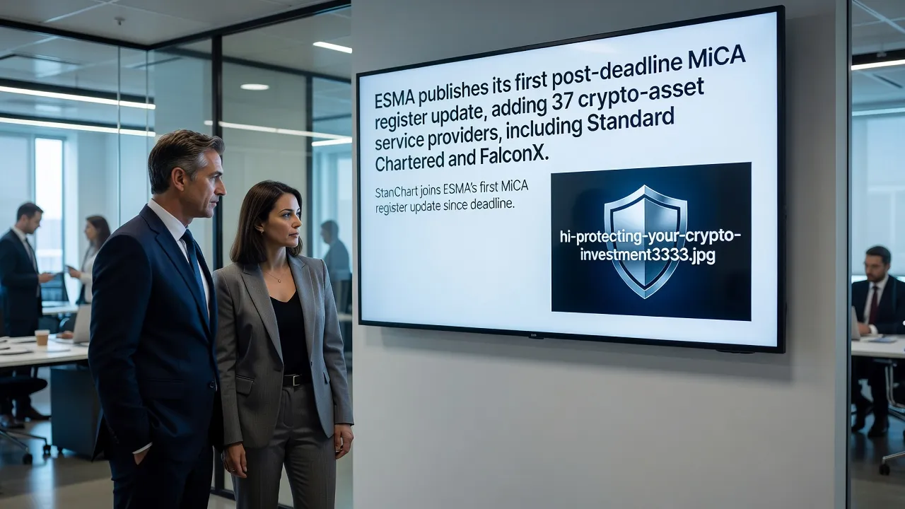 Ilustracja oficjalnego dokumentu UE z symbolami kryptowalut oraz logo ESMA, Standard Chartered i FalconX