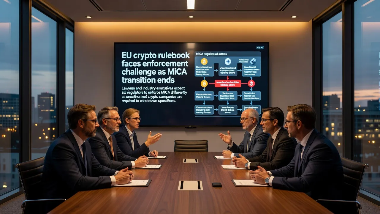 Ilustracja przedstawiająca dokumenty regulacyjne UE obok symboli kryptowalut i flagi Unii Europejskiej