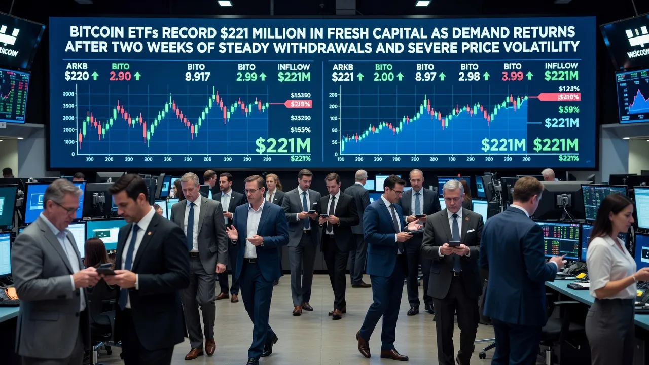 Ilustracja napływu kapitału do ETF-ów na Bitcoina z wykresami finansowymi i symbolami BTC na ciemnym tle