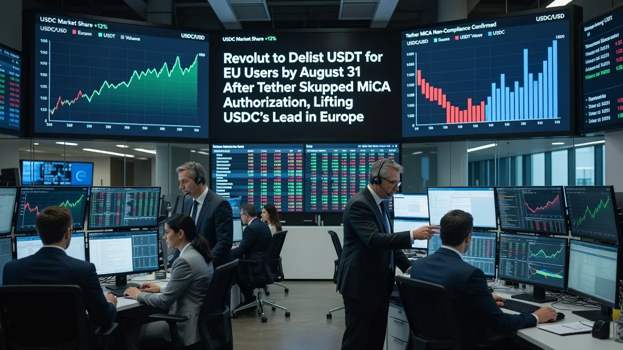 Interfejs aplikacji fintech z ikonami stablecoinów USDT i USDC na tle symboli regulacji UE