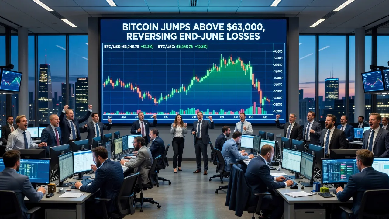 Wykres ceny Bitcoina z zielonymi świecami przekraczającymi poziom 63 000 USD