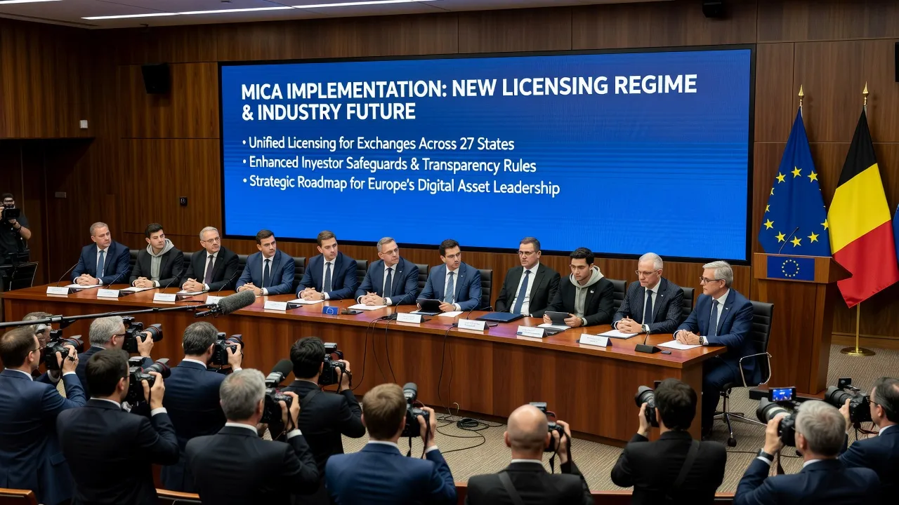 Ilustracja flagi Unii Europejskiej połączonej z symbolami kryptowalut i dokumentami regulacyjnymi na tle finansowym