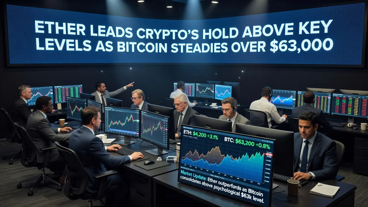Profesjonalna ilustracja finansowa przedstawiająca Ethereum prowadzące stabilność rynku kryptowalut z wykresem Bitcoina powyżej 63 000 USD