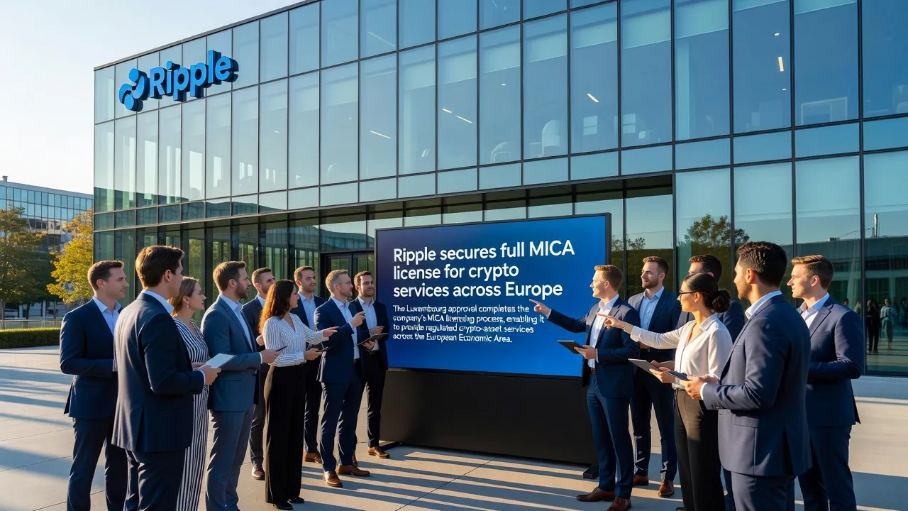 Ilustracja przedstawiająca Ripple uzyskujące zatwierdzenie licencji MiCA w Luksemburgu z symbolami regulacji europejskich i mapą EOG