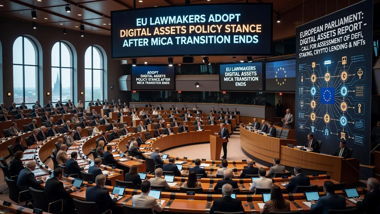 Ilustracja Parlamentu Europejskiego z hologramowymi ikonami DeFi, stakingu i NFT