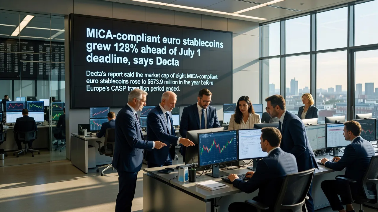Ilustracja euro stablecoinów z wykresem wzrostu o 128 procent i kapitalizacją 673,9 mln USD w kontekście zgodności z MiCA