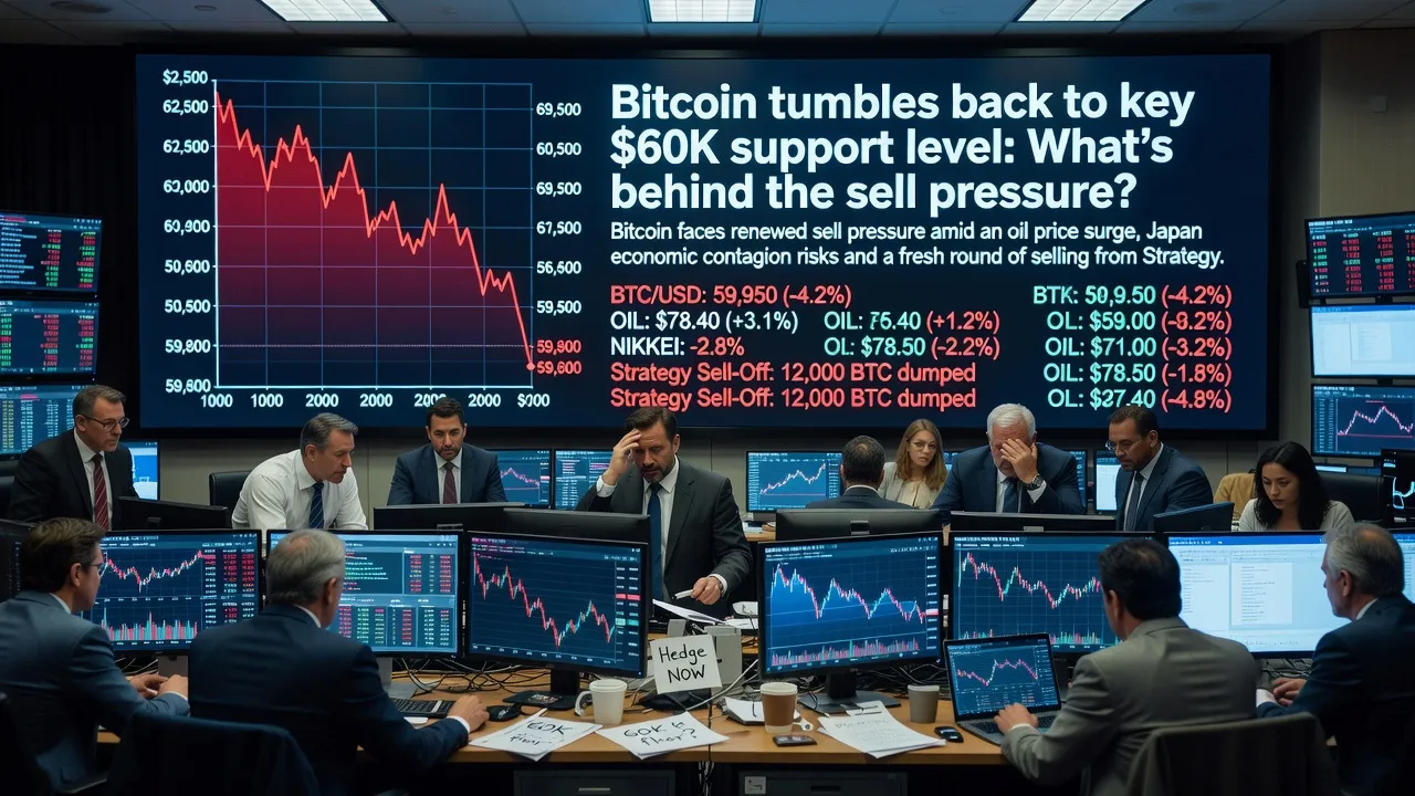 Wykres ceny Bitcoina spadajacego do poziomu 60 000 USD z symbolami ropy naftowej i gospodarki Japonii w tle