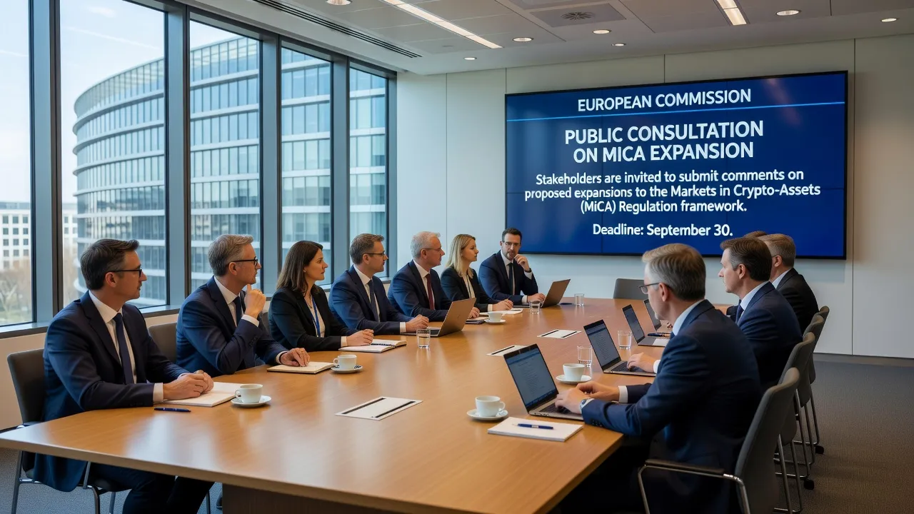 Ilustracja przedstawiająca siedzibę Komisji Europejskiej w Brukseli z symbolami kryptowalut i dokumentami regulacyjnymi