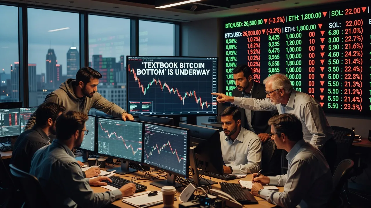 Wykres ceny Bitcoina z zaznaczoną pochodną średniej ruchomej i strefą odwrócenia w ciemnym stylu analizy rynku