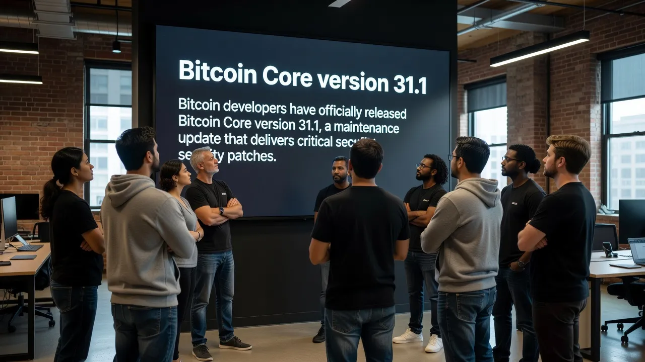 Ilustracja interfejsu Bitcoin Core w wersji 31.1 z symbolami tarcz bezpieczeństwa i elementami kodu w stylu technicznym
