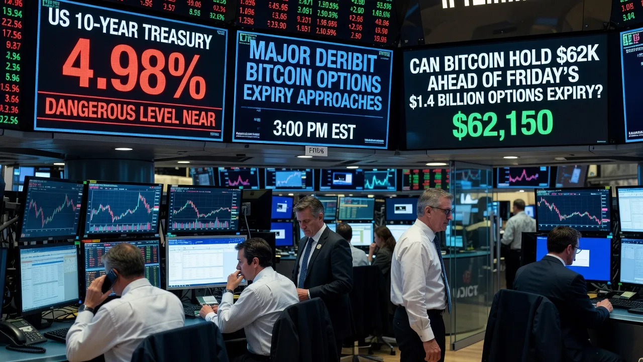 Ilustracja ceny Bitcoina na poziomie 62 000 USD z symbolami wygasania opcji Deribit oraz rosnącą krzywą rentowności obligacji USA