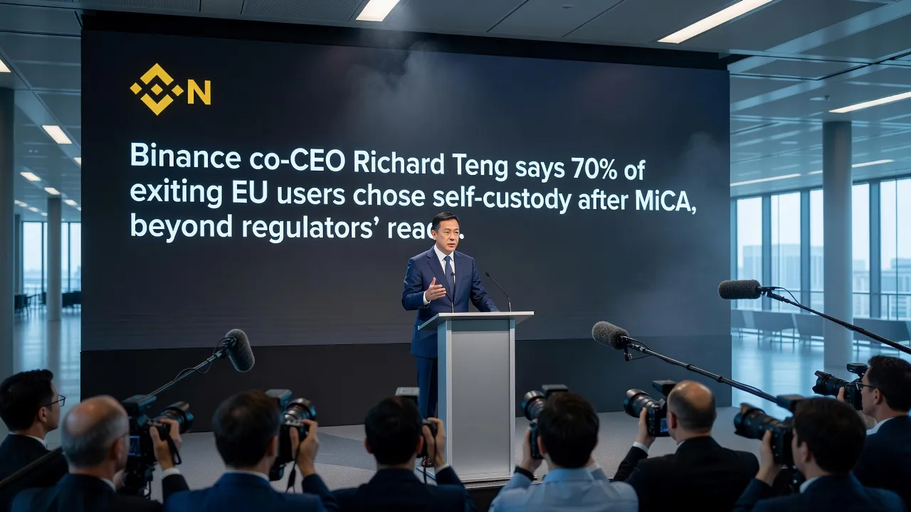Ilustracja europejskich użytkowników kryptowalut przenoszących aktywa do portfeli własnych z brandingiem Binance i symbolami UE