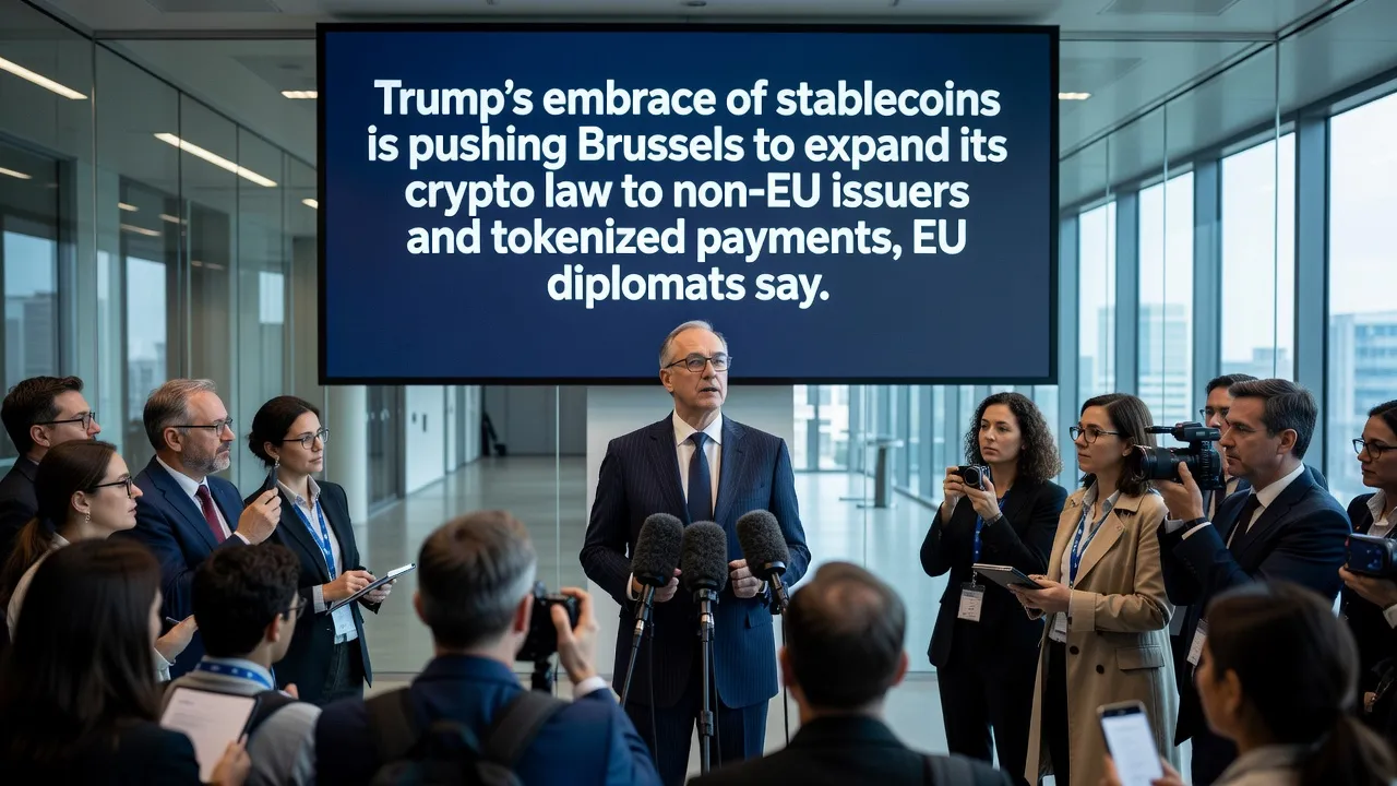 Ilustracja cyfrowa przedstawiająca Donalda Trumpa obok symboli regulacji UE i ikon stablecoinów na tle panoramy Brukseli