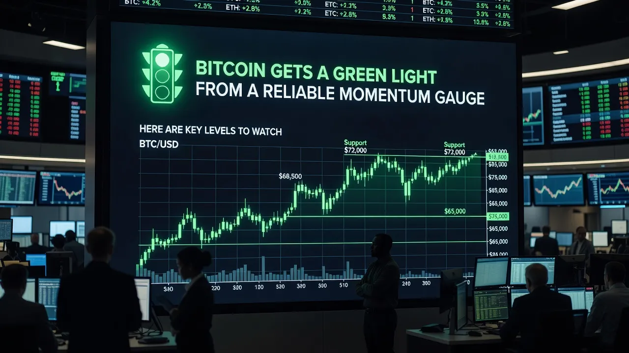 Wykres ceny Bitcoina z zielonym wskaźnikiem momentum oraz zaznaczonymi poziomami wsparcia i oporu