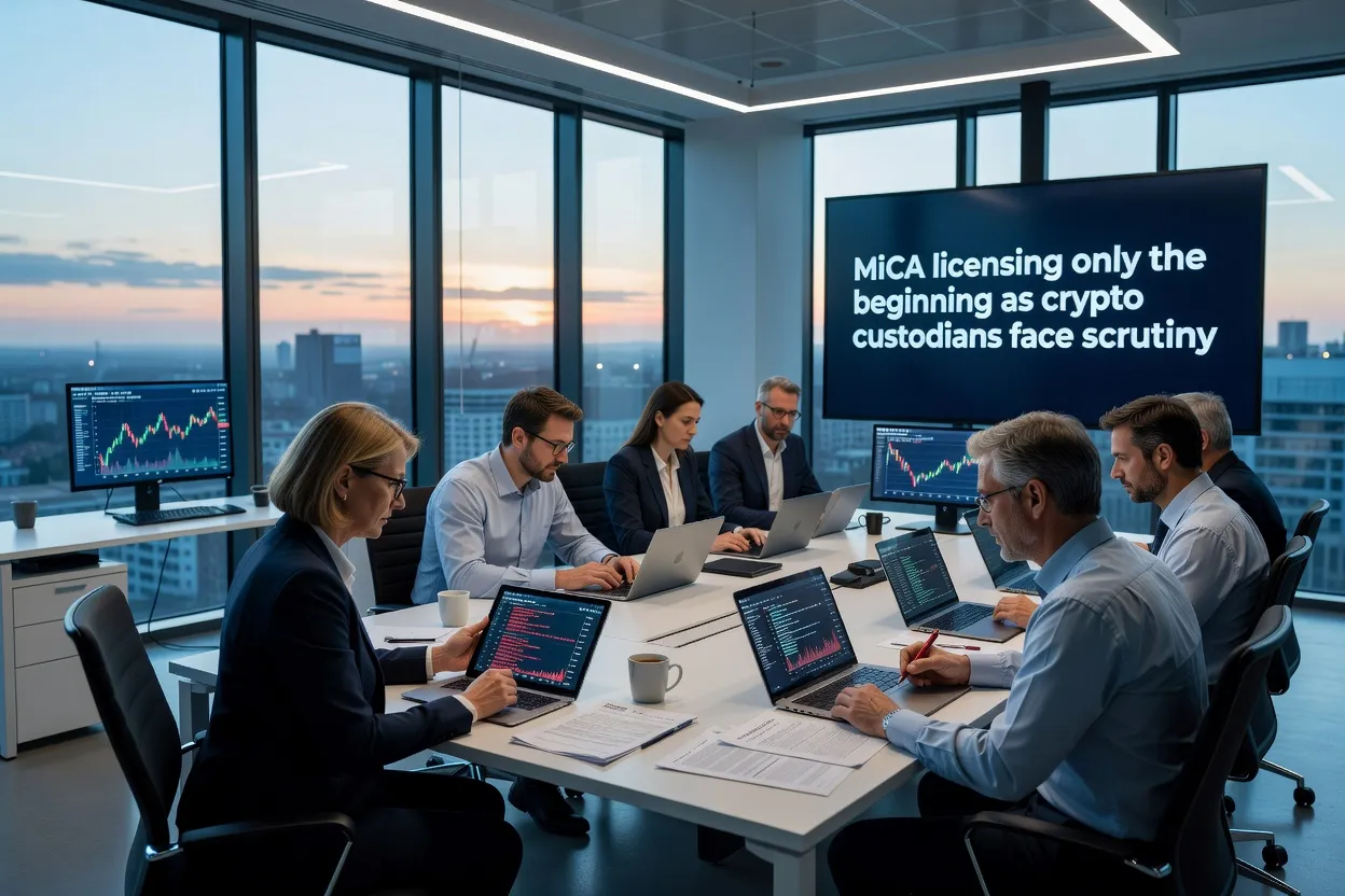 Ilustracja przedstawiająca dokumenty licencji MiCA obok symboli ESMA oraz sejfów do przechowywania kryptowalut w stylu finansowym