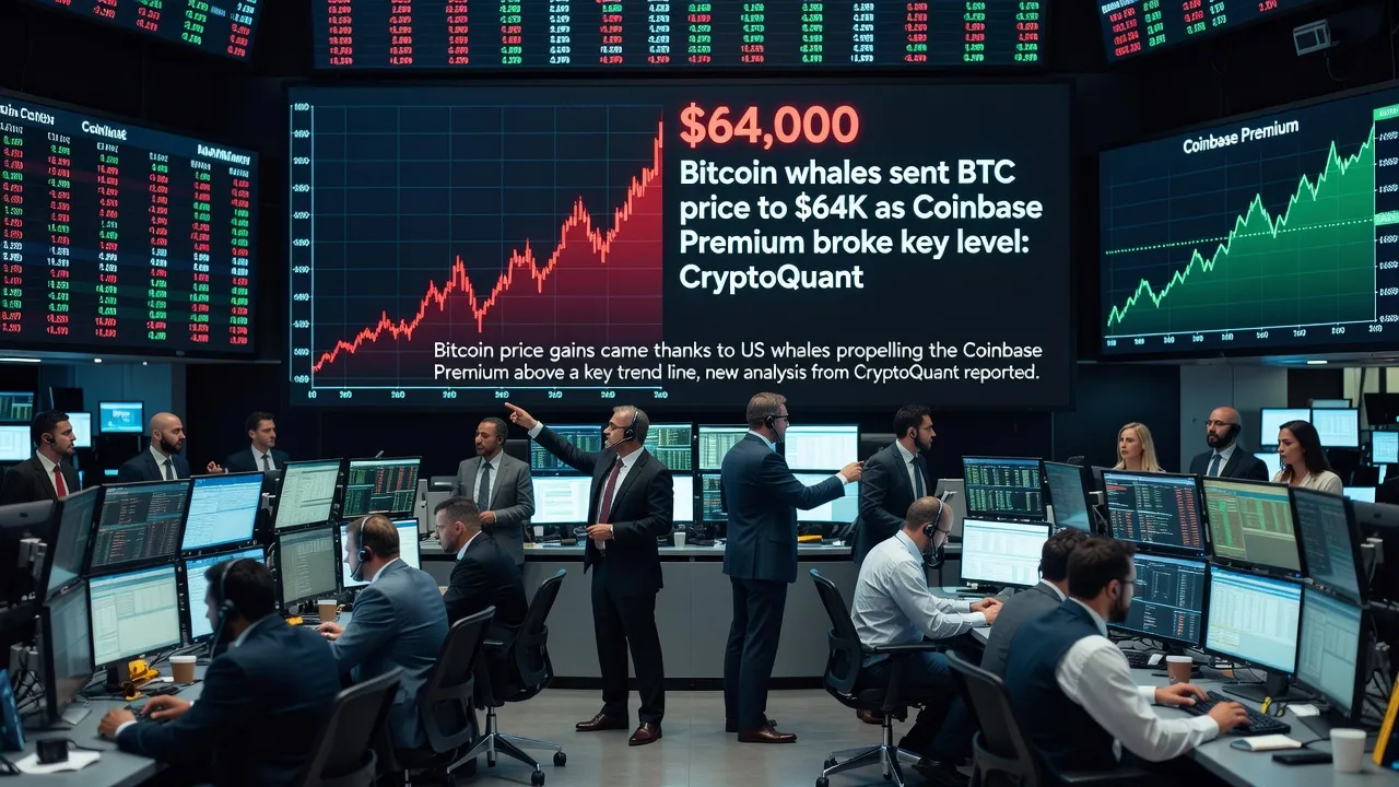 Wykres ceny Bitcoina z zaznaczonym wzrostem do 64 000 USD i aktywnością wielorybów