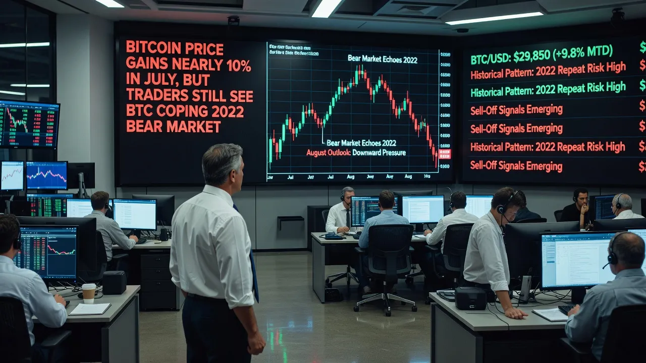 Wykres ceny Bitcoina z zaznaczonym wzrostem o 10 procent i wskaznikami ostrzegajacymi przed sierpniowa bessa