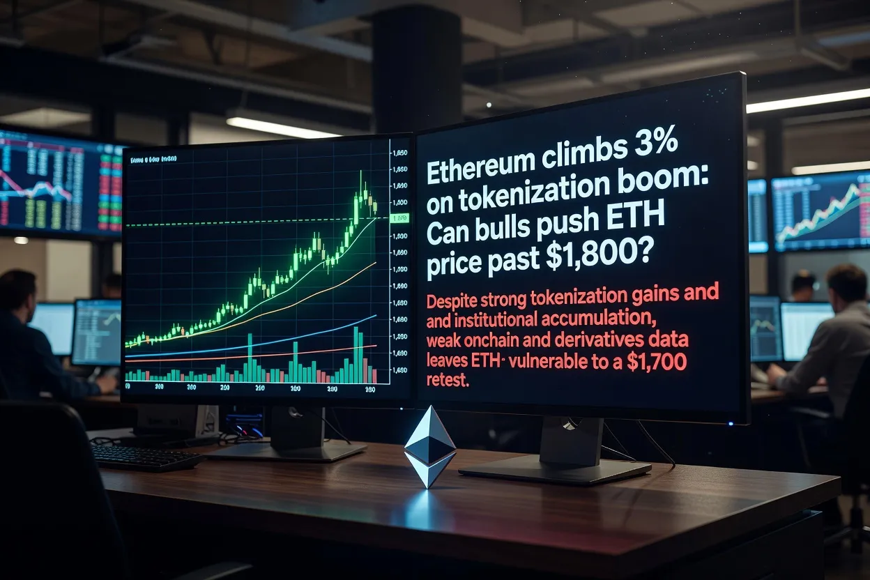 Wykres ceny Ethereum pokazujący wzrost o 3 proc. w stronę oporu 1800 USD z symbolami tokenizacji
