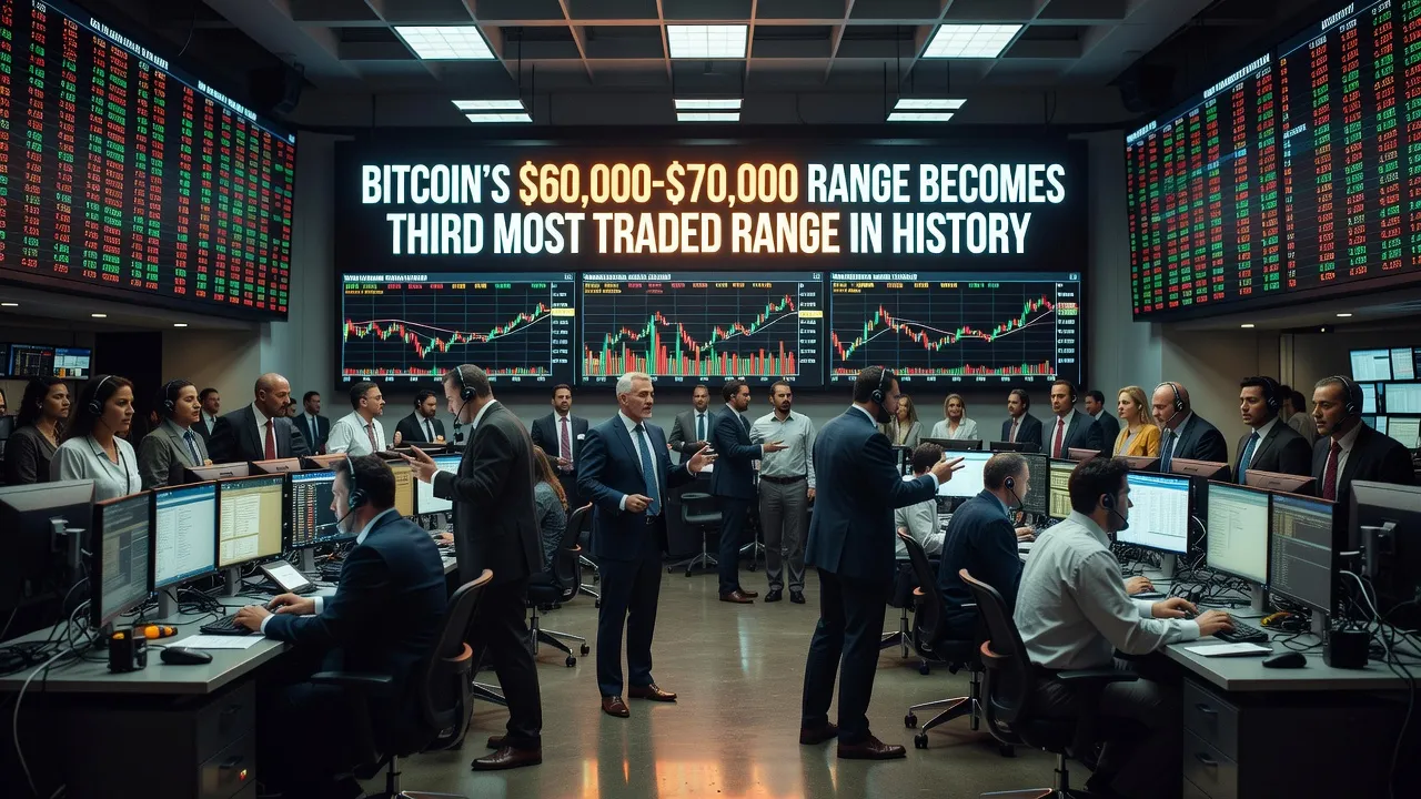 Profesjonalna ilustracja wykresu ceny Bitcoina z zaznaczonym zakresem 60 000-70 000 USD jako trzecim najbardziej handlowanym