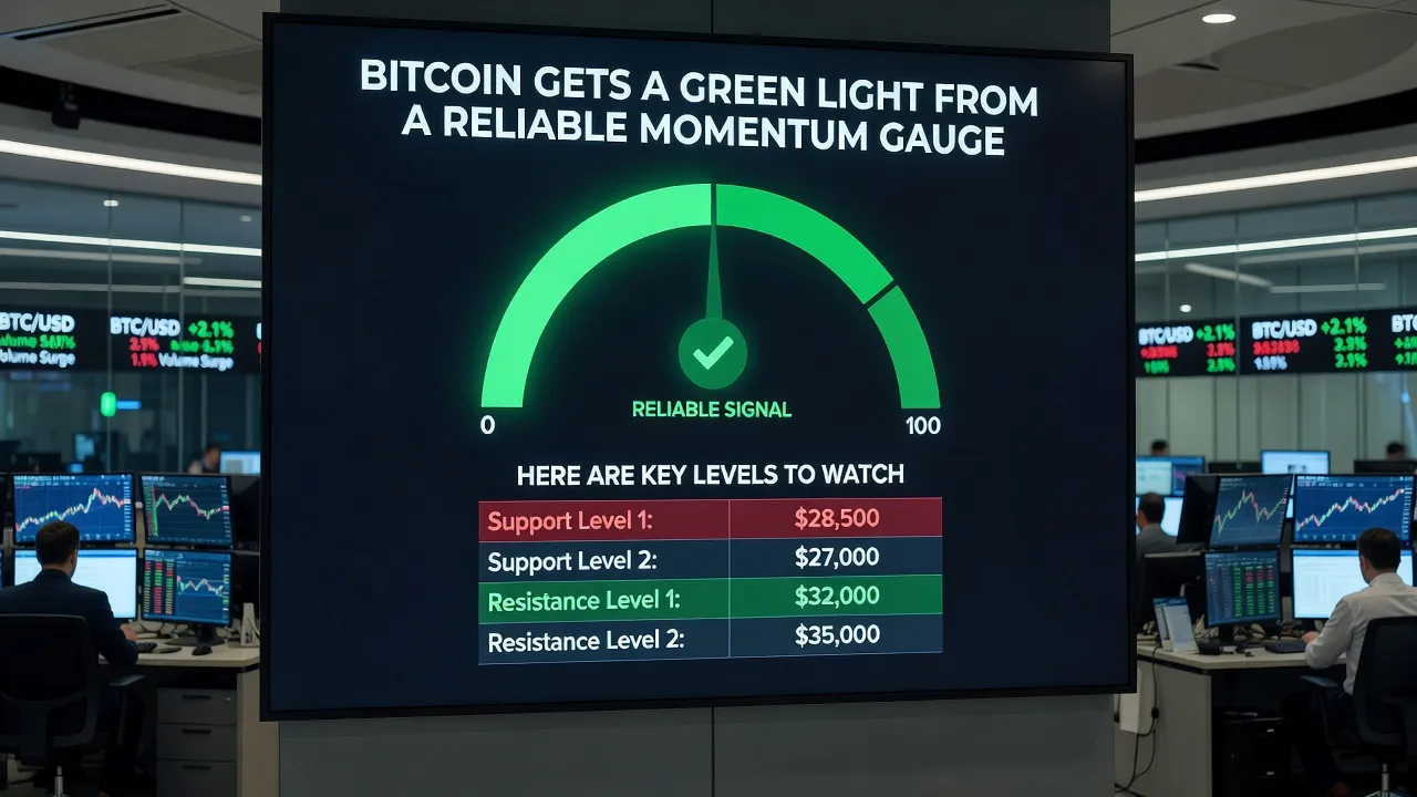 Wykres ceny Bitcoina z zielonym wskaźnikiem momentum i zaznaczonymi poziomami wsparcia oraz oporu na tle terminala tradingowego