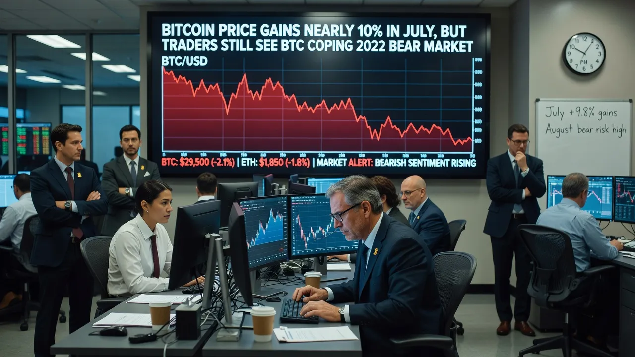 Profesjonalna ilustracja wykresu ceny Bitcoina z zaznaczonym 10-procentowym wzrostem w lipcu oraz ostrzeżeniem o trendzie spadkowym od sierpnia