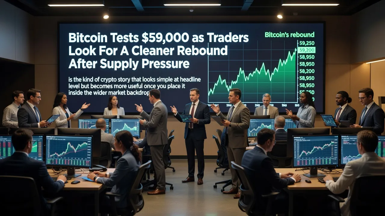 Wykres ceny Bitcoina testującego poziom 59 000 USD z wzorcami świecowymi i wskaźnikami wolumenu