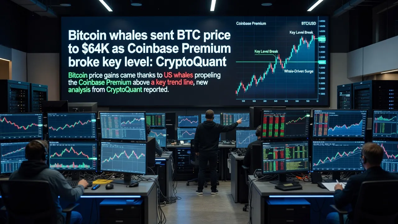 Wykres ceny Bitcoina z zaznaczonym poziomem 64 000 USD oraz ikonami amerykańskich wielorybów i linii trendu Coinbase Premium
