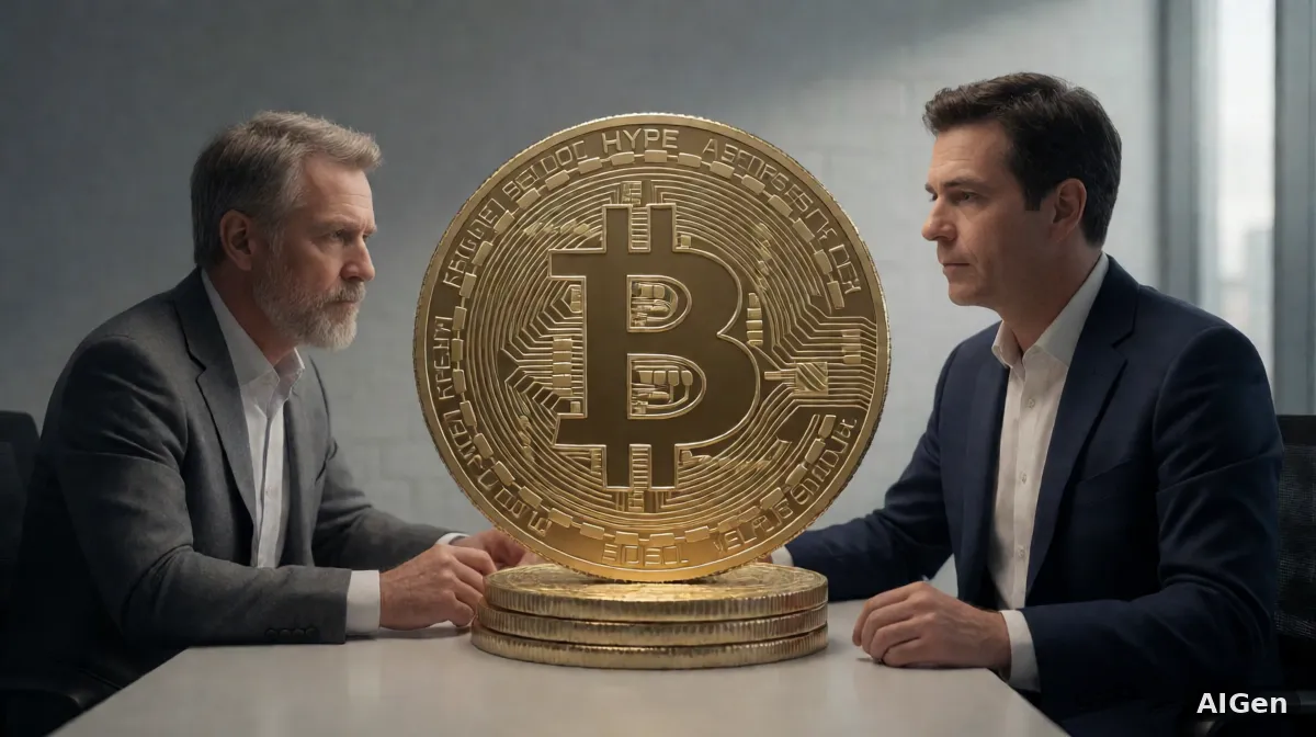Wykres ceny Bitcoina powyżej 78 000 USD z zielonymi świecami, token HYPE na plusie, sylwetka budynku Rezerwy Federalnej w tle