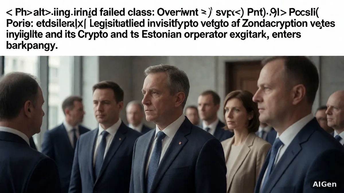 Ilustracja polskiego parlamentu z pieczątką weta oraz symbolami Bitcoina i łańcucha bloków